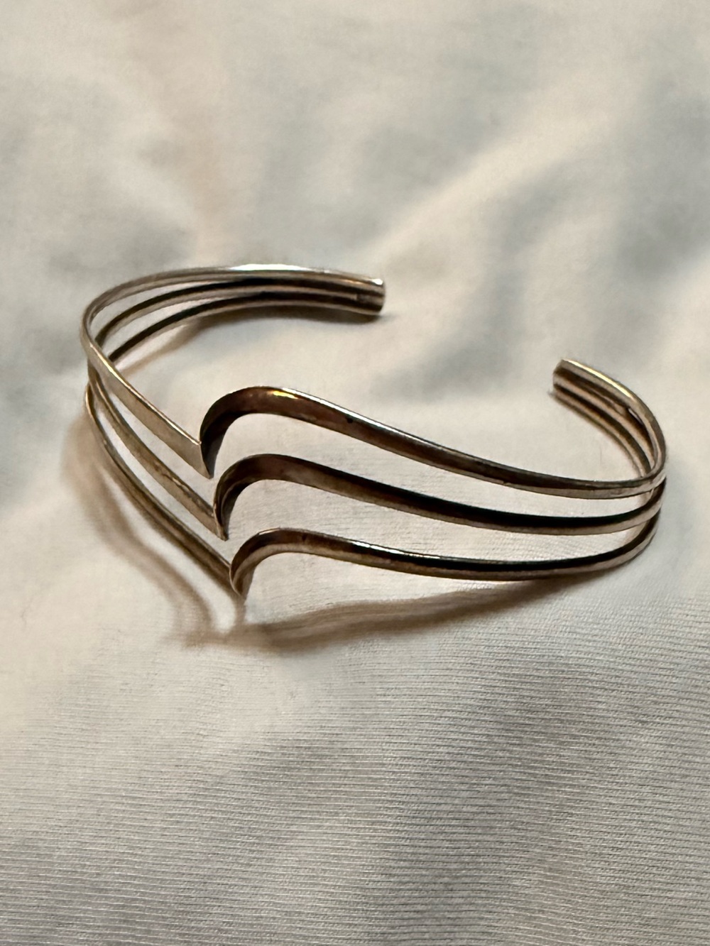 Silver Metal Open Cuff Triple Wave Bracelet, Silver Tone, No Stone